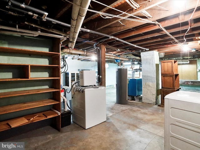 basement featuring washing machine and clothes dryer and water heater