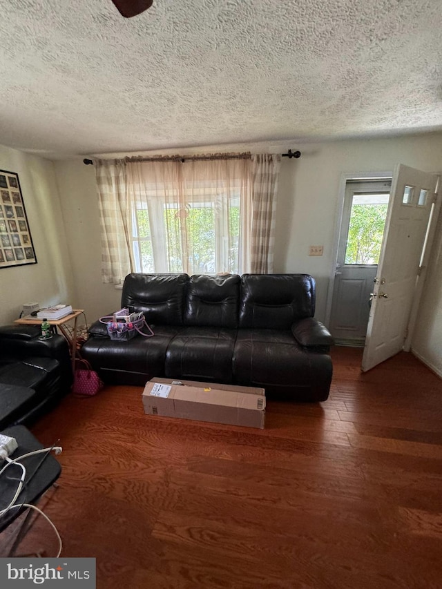 living room featuring dark wood-type flooring and a textured ceiling