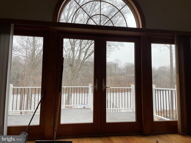 doorway with french doors and light hardwood / wood-style flooring