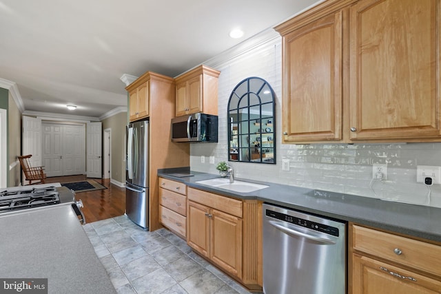 kitchen with stainless steel appliances, backsplash, ornamental molding, sink, and light hardwood / wood-style floors