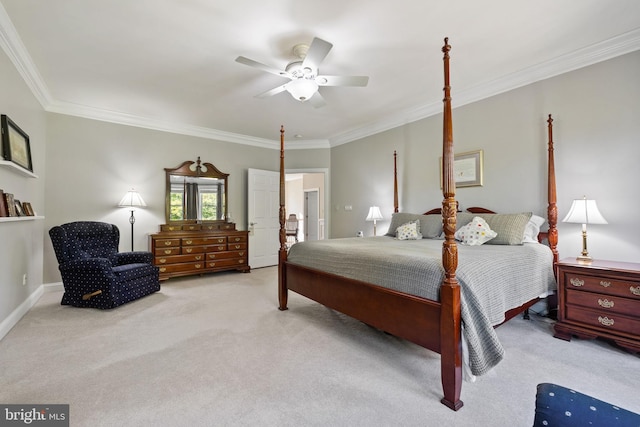 carpeted bedroom featuring ornamental molding and ceiling fan