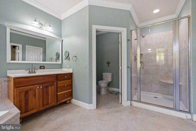 bathroom with toilet, walk in shower, tile patterned floors, vanity, and crown molding