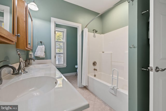 full bathroom with vanity, tile patterned floors, toilet, and shower / bathtub combination with curtain