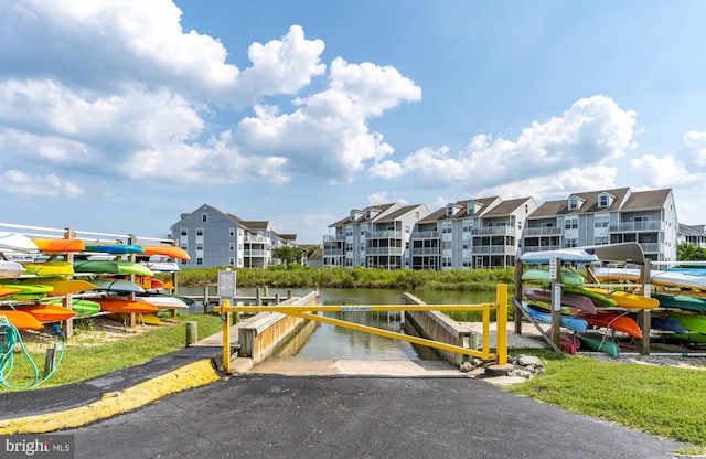 exterior space with a water view