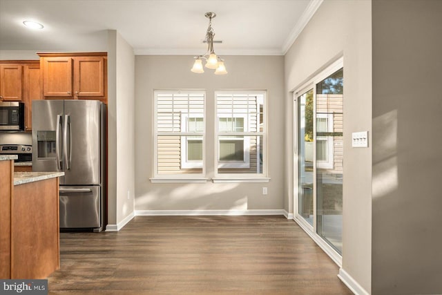 kitchen with ornamental molding, appliances with stainless steel finishes, hanging light fixtures, and dark hardwood / wood-style flooring