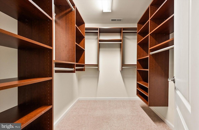 walk in closet featuring light carpet