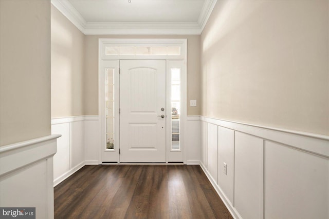 entryway featuring crown molding and dark hardwood / wood-style floors