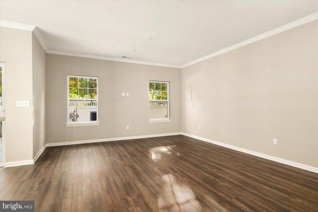 spare room featuring dark wood-type flooring and crown molding