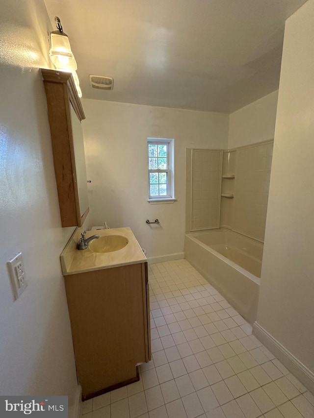 bathroom with vanity, tiled shower / bath combo, and tile patterned flooring