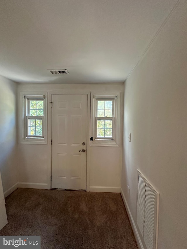 entryway featuring dark carpet