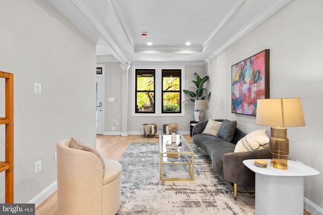 living room featuring light hardwood / wood-style floors, crown molding, and a raised ceiling