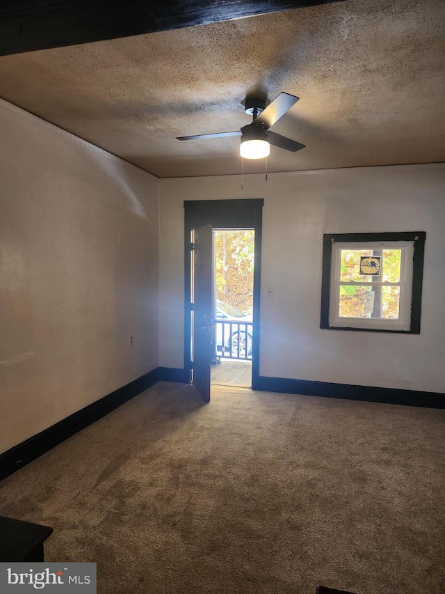 carpeted spare room featuring ceiling fan and a textured ceiling