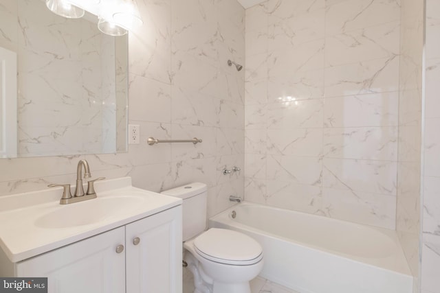 full bathroom with tasteful backsplash, toilet, tile walls, tiled shower / bath, and vanity