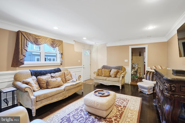 living room featuring ornamental molding and dark wood-type flooring