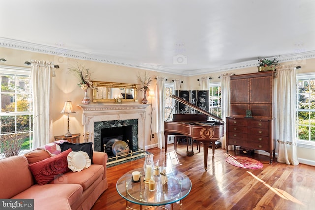 living room with crown molding, hardwood / wood-style flooring, and a high end fireplace