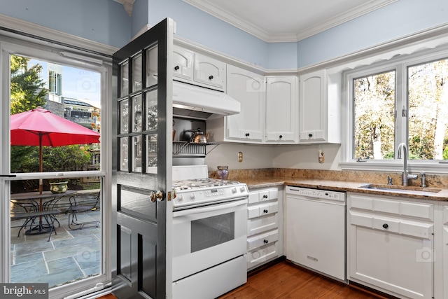 kitchen featuring white appliances, white cabinetry, and plenty of natural light