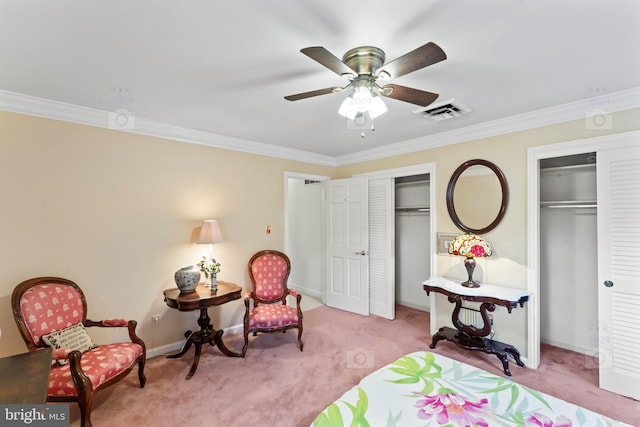 1175 Daleview Dr, Mclean, VA 22102 - carpeted bedroom featuring two closets, ceiling fan, visible vents, baseboards, and ornamental molding