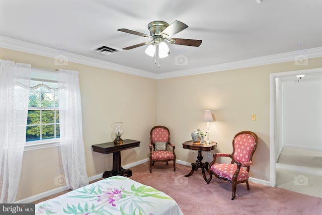 bedroom featuring ornamental molding, carpet flooring, and ceiling fan