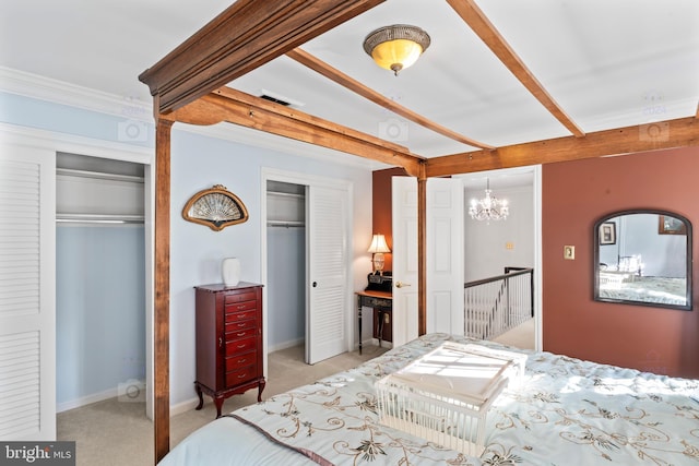 1175 Daleview Dr, Mclean, VA 22102 - bedroom featuring an inviting chandelier, multiple closets, light carpet, beam ceiling, and visible vents