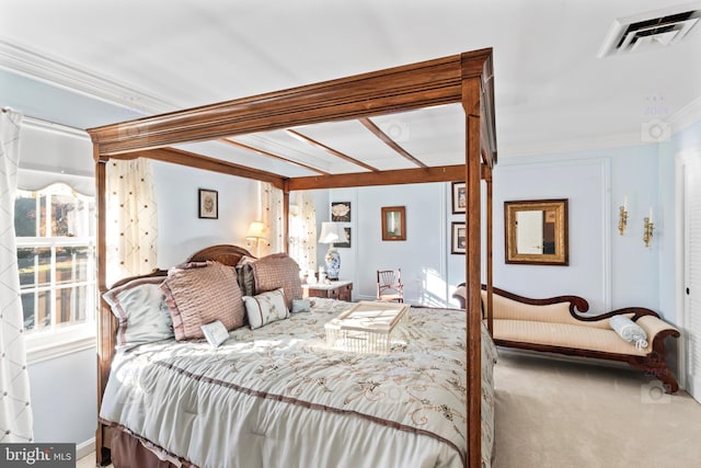 carpeted bedroom with crown molding