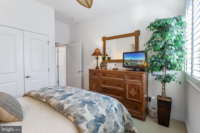 carpeted bedroom with a closet