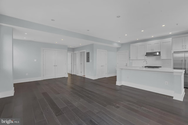 unfurnished living room featuring electric panel and dark hardwood / wood-style floors