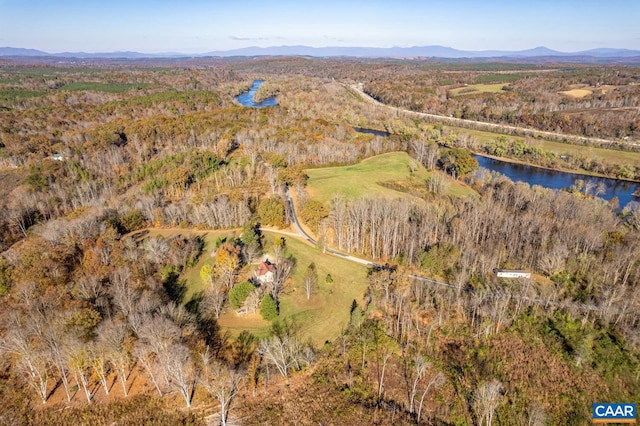 aerial view featuring a water and mountain view