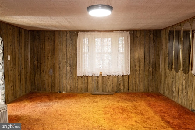 empty room featuring wood walls and carpet flooring