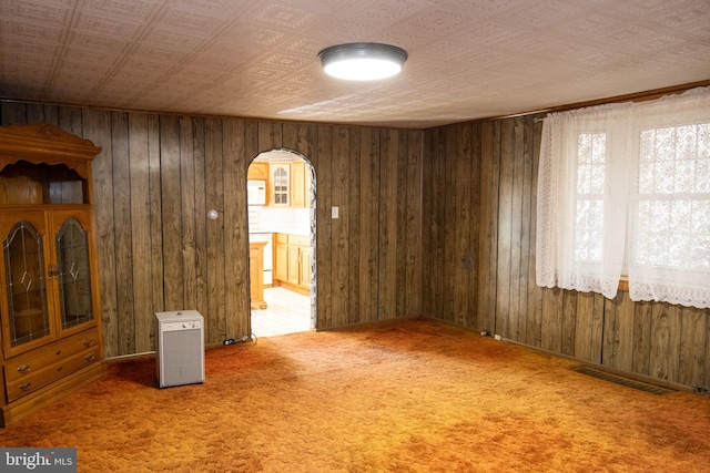 unfurnished room featuring carpet flooring and wooden walls