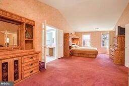 bedroom featuring vaulted ceiling and carpet