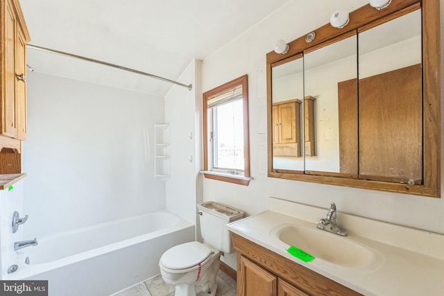 full bathroom with vanity, shower / tub combination, and toilet