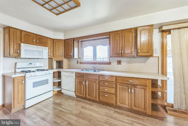 kitchen featuring sink, light wood-type flooring, and white appliances