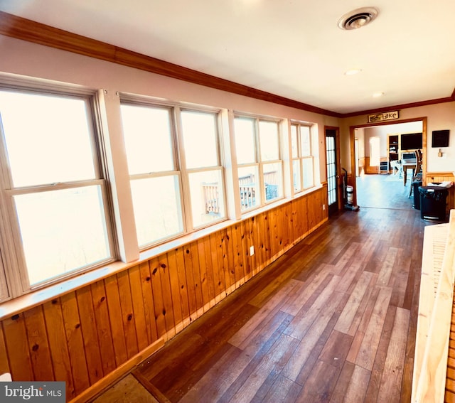 corridor featuring a wealth of natural light, dark hardwood / wood-style flooring, and wooden walls