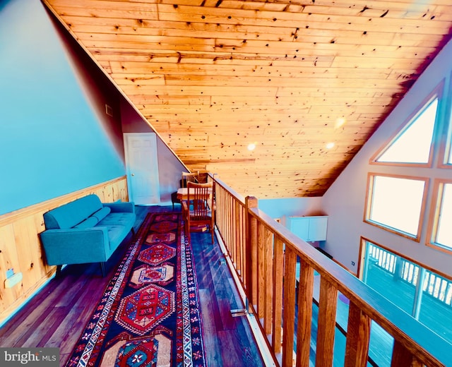 interior space featuring lofted ceiling, wood walls, dark hardwood / wood-style flooring, and wooden ceiling