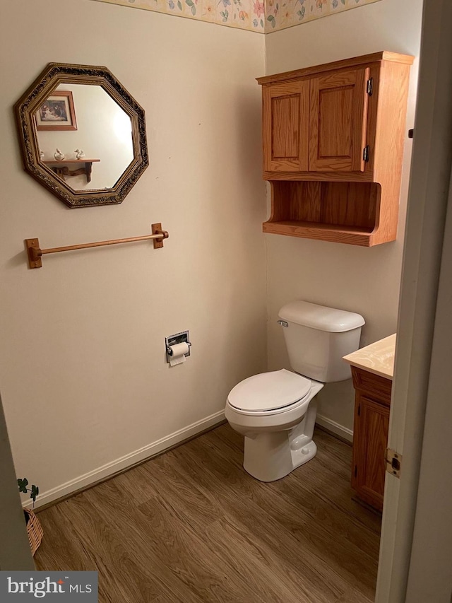 bathroom with vanity, hardwood / wood-style flooring, and toilet