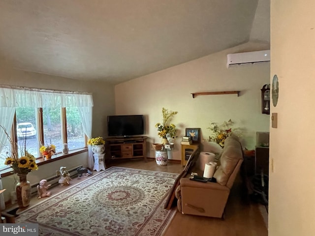 living room featuring a wall mounted AC, vaulted ceiling, and hardwood / wood-style flooring