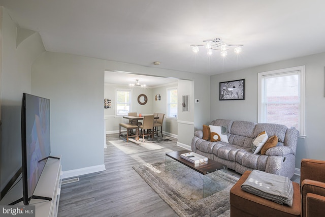 living room featuring wood-type flooring, a healthy amount of sunlight, and a notable chandelier