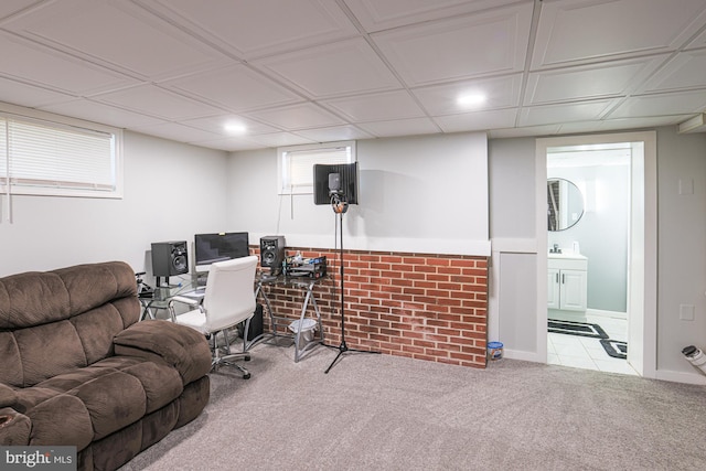 home office with sink and light colored carpet