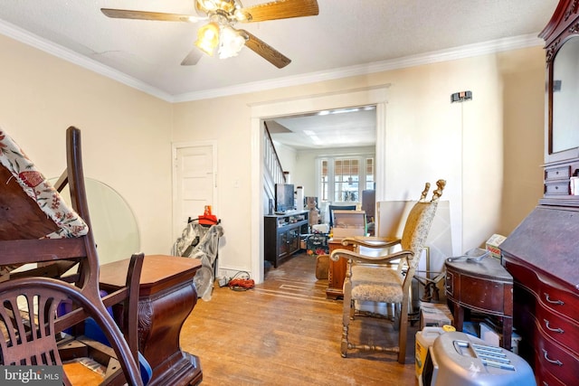 office space with a textured ceiling, ceiling fan, light wood-type flooring, and ornamental molding