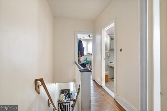 hall with hardwood / wood-style flooring and tile walls