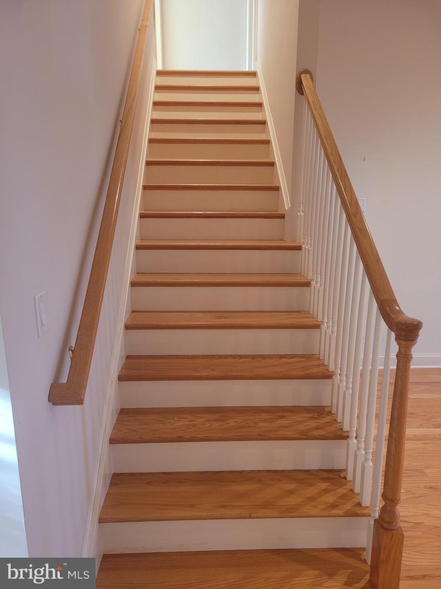 staircase with hardwood / wood-style floors