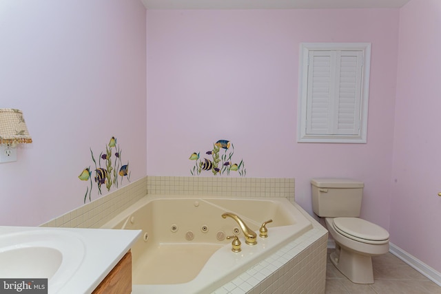 bathroom with a relaxing tiled tub, tile patterned flooring, and toilet