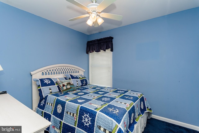 bedroom with ceiling fan and dark carpet