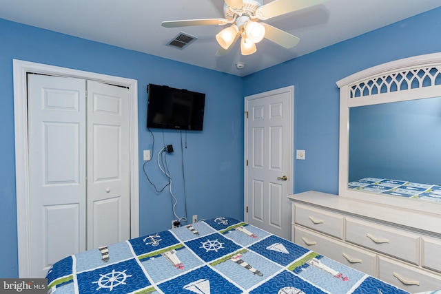 bedroom featuring ceiling fan and a closet