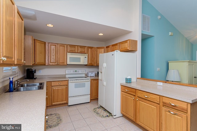 kitchen featuring light tile patterned floors, white appliances, sink, and high vaulted ceiling