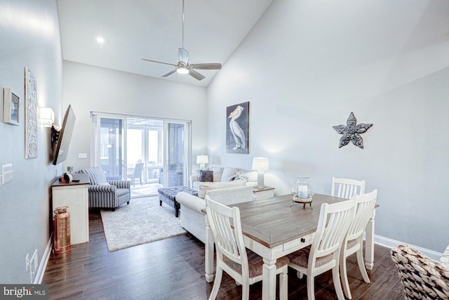 dining room with ceiling fan, high vaulted ceiling, and dark hardwood / wood-style flooring