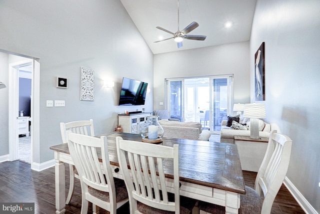 dining room with high vaulted ceiling, dark wood-type flooring, and ceiling fan