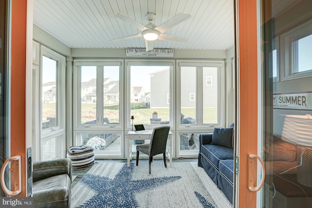 sunroom / solarium featuring wood ceiling and ceiling fan