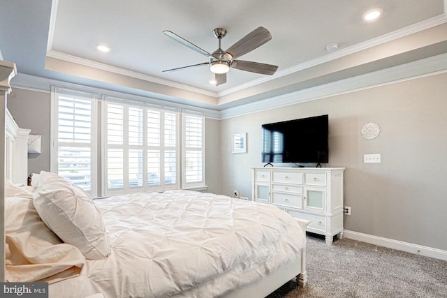 carpeted bedroom featuring crown molding and ceiling fan