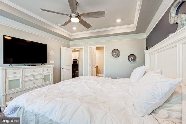 bedroom featuring ornamental molding and ceiling fan